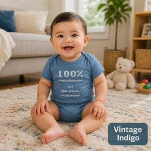 May include: A smiling baby wearing a blue onesie with the text "100% Human-Generated v1.0 Open Source. Locally Hosted." The onesie is labeled "Vintage Indigo." The baby is sitting on a patterned rug.