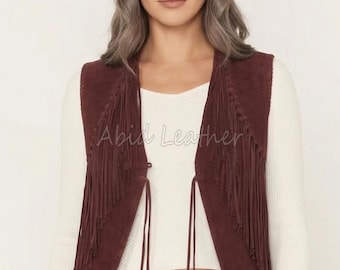 Chaleco de ante burdeos con flecos para mujer, chaqueta vaquera estilo western, atuendo bohemio hippie para festivales, top de cuero sin mangas estilo vaquero, regalo para ella.