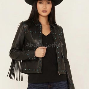 Black Leather Fringe Jacket Women Western Studded Jacket Cowgirl Outfit Turquoise Stud Jacket Boho Biker Western Coat Outfit Gift For Her