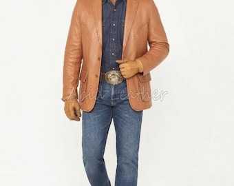 Blazer de cuero marrón para hombre, chaqueta vaquera estilo western, abrigo de cuero clásico, estilo rústico vintage, blazer de cuero elegante e informal para hombre, regalo para él.