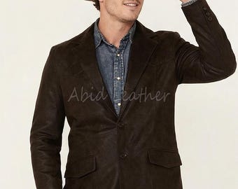 Mens Dark Brown Leather Blazer Western Cowboy Jacket Vintage Leather Coat Classic Tailored Smart Casual Jacket for Men Trendy Gift For Him