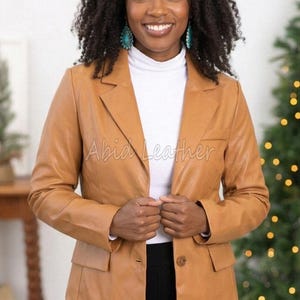 Blazer de cuero color camel para mujer, corte ajustado, elegante, para la oficina, abrigo de un solo botón, blazer de cuero formal para mujer, estilo casual chic, regalo para ella.