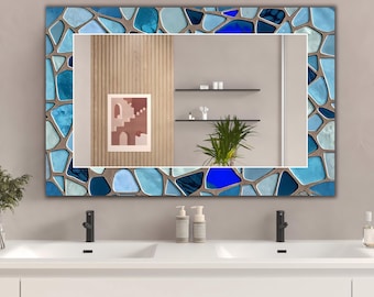 Grandi specchi da parete, specchio da parete astratto con cornice in vetro effetto 3D e pietre blu / specchio da parete con cornice artistica astratta, vetro piatto, specchio da parete
