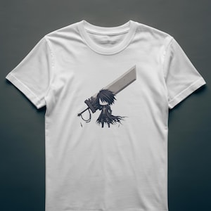 May include: White t-shirt with a monochrome graphic of a character holding a large sword. The character has black hair and a dark coat. The sword is positioned over the character's shoulder.