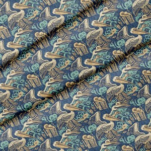 May include: A dark blue fabric featuring a repeating pattern of pelicans in flight and perched on wooden posts. The design includes swirling teal and beige cloud-like motifs interspersed between the birds, creating a dense, textured visual.