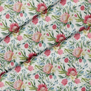 May include: A fabric featuring a repeating watercolor pattern of pink protea flowers, small buds, and green foliage on a white background. The design includes various shades of pink, soft yellow, and multiple tones of green leaves and stems.