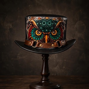 May include: A black top hat featuring a detailed, colourful owl illustration on the front. The owl has prominent yellow eyes and teal-coloured feathers. A brown leather band with brass-coloured metal rings and studs encircles the base of the crown.