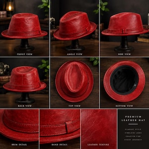 Op de afbeelding: Een rode lederen fedora hoed getoond vanuit meerdere hoeken, waaronder voor-, zij-, achter-, boven- en onderaanzichten. De hoed heeft een bijpassende lederen band, een gestructureerde rand en een generfd lederen oppervlak. Tekst: PREMIUM LEATHER HAT.
