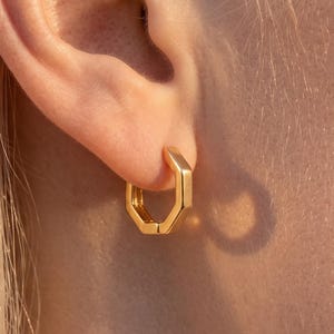 May include: A small, polished gold hoop earring with a distinct hexagonal shape. The earring features a smooth, reflective metallic surface and a hinged closure mechanism, securely fastened through the earlobe with a clean, geometric design.