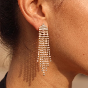 18K Gold Plated Fringe Tassel Earrings with Triangular CZ Top, Long Statement Wedding Jewelry, Tennis Chandelier Earrings, Gift for Her