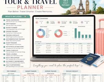 Hoja de planificación de viajes / Plantilla de planificador de vacaciones / Planificador de viajes / Lista de equipaje / Organizador de viajes en Excel / Descarga digital