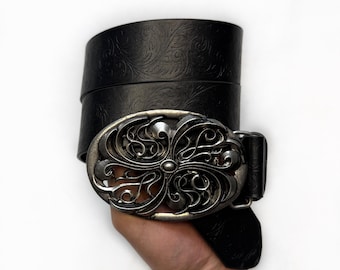 Black Ornate Leather Belt Vintage Gothic Baroque Buckle Y2K Punk Streetwear Unisex vintage 90ss