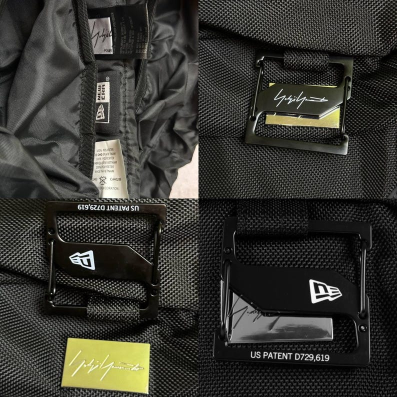 May include: Close-up of a black nylon jacket with multiple metal clasps and tags. The clasps feature the New Era logo and the text "US PATENT D729,619". The jacket has a minimalist design.