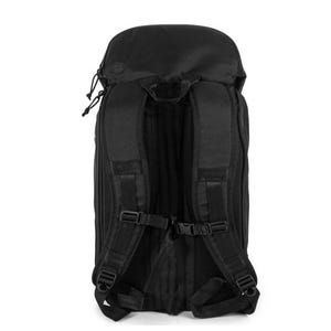 May include: Black backpack with adjustable shoulder straps, a top handle, and multiple compartments. The backpack features a zippered closure and a padded back panel for comfort. The design includes multiple buckles and straps for securing items. The bag is made of a durable, water-resistant material.