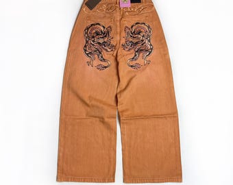 Ed Hardy Dragon Crawl XTRA oversized denim jeans bruinoranje geborduurd maat 28 W
