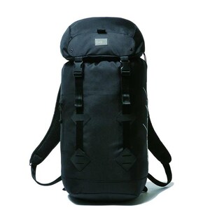 May include: A black backpack with a rounded top and adjustable straps. The backpack has multiple buckles and a small patch on the top. The shoulder straps are padded and curved. The bag is made of a durable material.