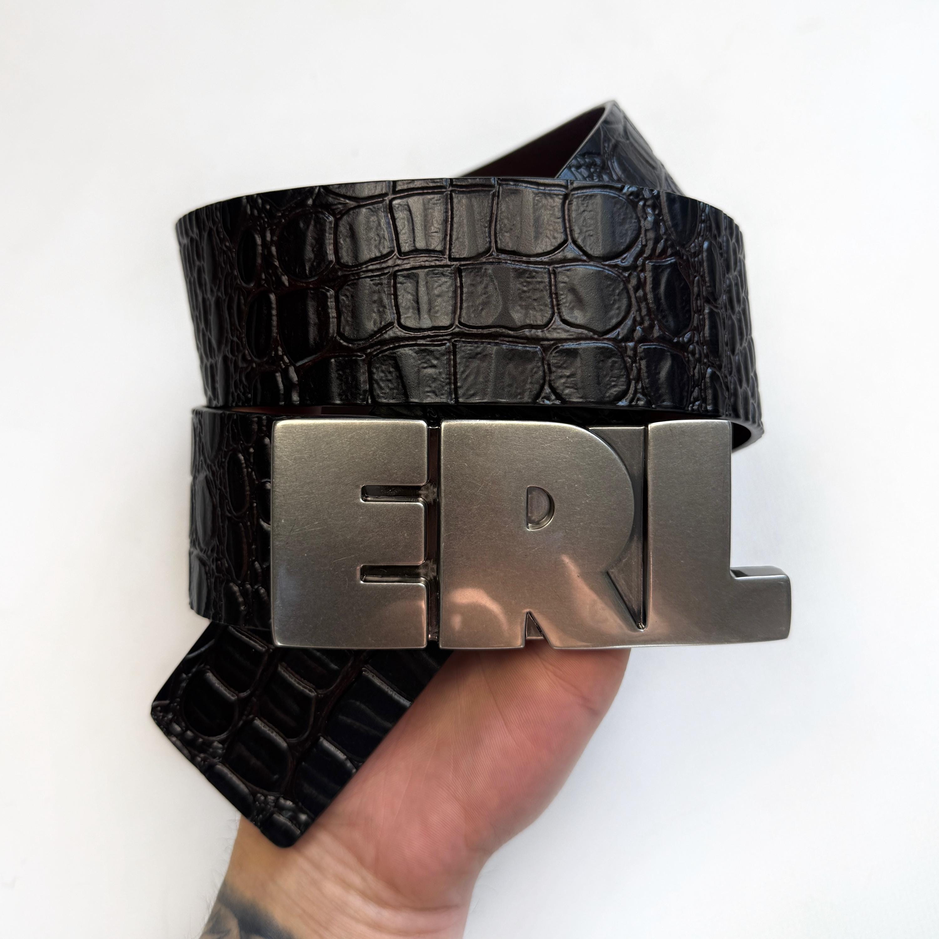 ERL Logo Croco Effect Leather Belt Dark Brown Crocodile Embossed