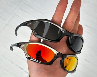 Gafas de sol Oakley Splice polarizadas con lentes negras y rojas, montura plateada y negra, edición Y2K, precio especial por unidad.