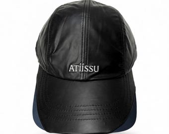 ATIISSU Wing Cap Black PU Leather Baseball Cap Y2K Techwear Cyber Goth Adjustable Hat
