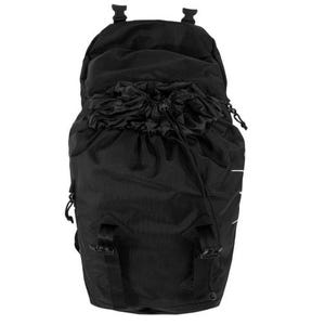 May include: Black backpack with a drawstring closure and adjustable straps. The backpack has a top flap with two buckles and a drawstring closure. The bag is made of a durable, textured material and features white accent stripes.