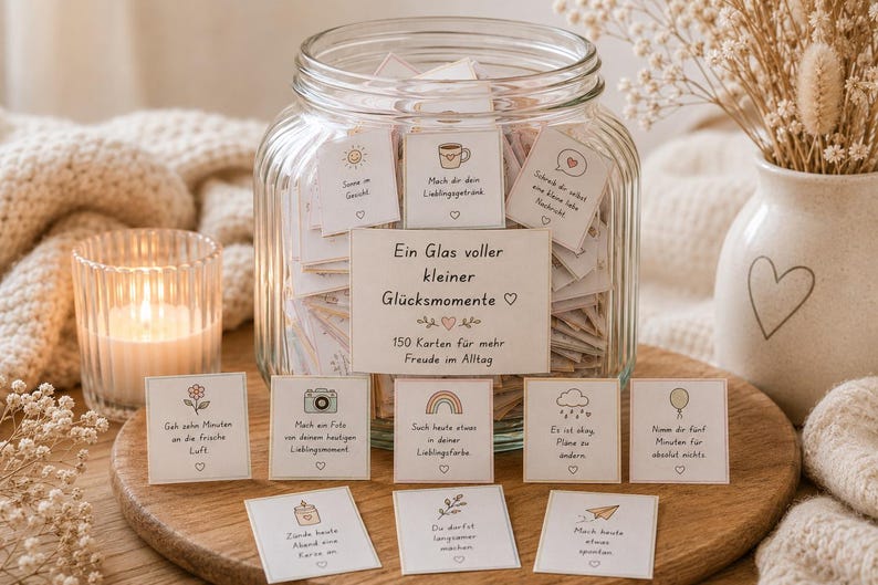 Puede incluir: Un frasco de vidrio transparente lleno de peque&ntilde;as tarjetas de papel, con una etiqueta que dice Ein Glas voller kleiner Gl&uuml;cksmomente, 150 Karten f&uuml;r mehr Freude im Alltag. Varias tarjetas individuales con ilustraciones se disponen delante.