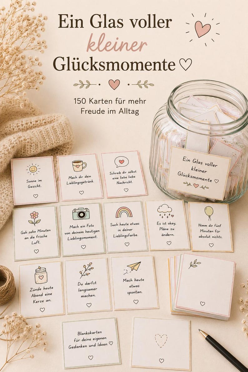 Puede incluir: Un frasco de vidrio lleno de 150 tarjetas peque&ntilde;as, cada una con una ilustraci&oacute;n &uacute;nica y texto en alem&aacute;n. Las tarjetas incluyen frases como 'Sonne im Gesicht' y 'Mach dir dein Lieblingsgetr&auml;nk'. Se incluye un bol&iacute;grafo negro y tarjetas en blanco.
