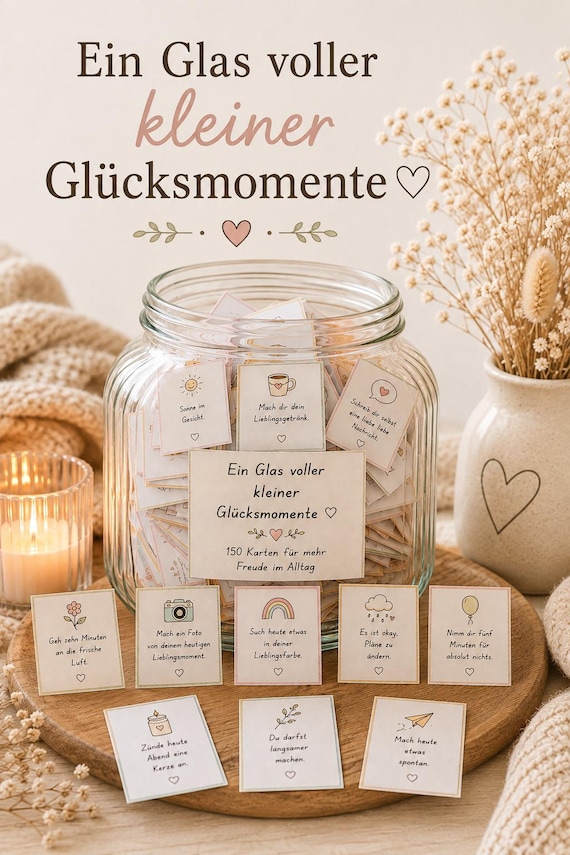 Glücksglas DIY – 150 Karten zum Ausdrucken | Kleine Glücksmomente | Positive Gedanken & Selfcare | PDF Vorlage Geschenkidee