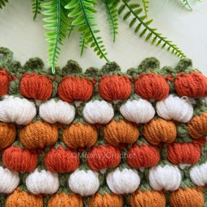 May include: A crocheted fabric featuring a repeating pattern of small, raised pumpkin shapes in orange, white, and rust colors, separated by green yarn accents. The text "MushyyCrochet" is visible in the center of the textured, multi-colored textile.