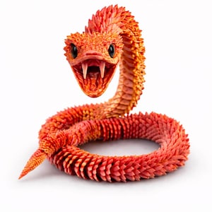 May include: A coiled orange snake figurine with a textured, scale-like surface. The snake is depicted with its mouth open, revealing two prominent fangs and large, dark, glossy eyes. The body features a segmented design with a vibrant orange hue.