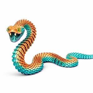 May include: A flexible articulated snake figurine featuring a gradient colour pattern that transitions from vibrant orange to bright teal. The snake has a textured, scaly surface, an open mouth revealing sharp white fangs, and bright yellow eyes.