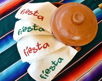 FIESTA  Napkins Screen Printed on WHITE Cotton Blend Napkins ...  SET  of  4