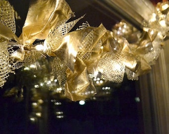 GOLD Knotted RAG GARLAND for Christmas, with 50 Mini Lights, plug or battery operated