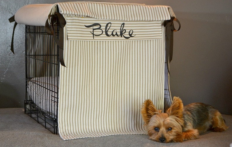 Personalized, Custom Dog Crate Cover, Silk Screen Name, Ticking Stripe, image 2