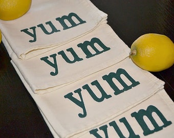 YUM ...Cloth Napkins Screen Printed on White Cotton Blend  Napkins  ... SET of  4