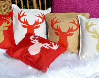 Painted CHRISTMAS REINDEER  Pillow …Hand  Screened on Burlap or Cotton