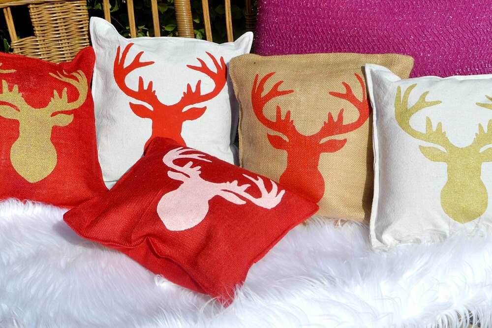 Painted CHRISTMAS REINDEER Pillow Hand Screened on Burlap Etsy