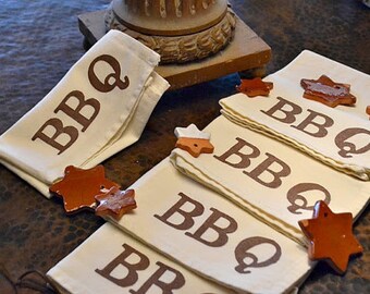 BBQ Cloth Napkins Screen Printed on WHITE Cotton Blend Napkins with the word BBQ in Brown ...  Set of  4