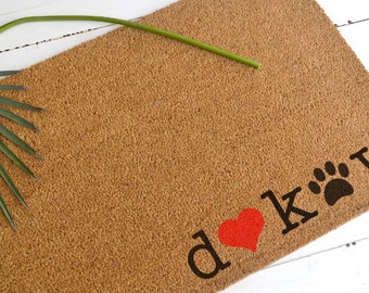 FAMILY LOVES DOGS Coir Doormat or Dog Mat ... Initials and Heart and Paw Doormat Dog Lover Gift