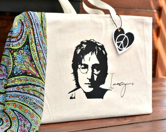 JOHN LENNON IMAGINE Jumbo and Standard Sized Canvas Tote Bag in Two Sizes... Beatles