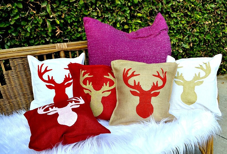Painted CHRISTMAS REINDEER Pillow hand Screened on Burlap or Etsy