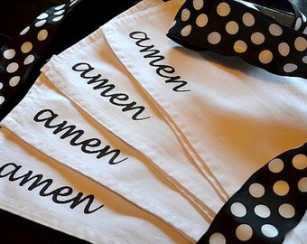 AMEN Cloth Napkins Screened on White COTTON BLEND Napkins  ... Set of  4