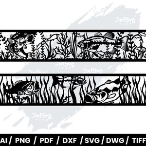 Peut inclure: Motifs découpés au laser en noir et blanc représentant des poissons et des plantes aquatiques. Les motifs sont rectangulaires et comprennent des silhouettes détaillées de poissons, d'algues et d'autres éléments sous-marins. Le bas de l'image comprend des options de type de fichier.