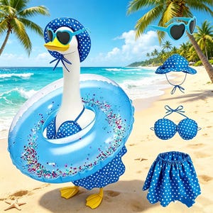 May include: A whimsical beach scene features a white goose wearing a blue polka dot swimsuit, hat, and heart-shaped sunglasses. The goose is in a blue inflatable ring. Additional matching swimwear and accessories are displayed on the sand.