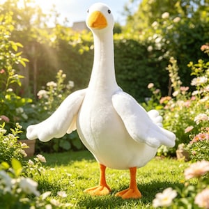 May include: A plush goose toy with soft white fabric, a bright orange beak, and orange webbed feet. The stuffed animal is standing upright with its wings slightly extended to the sides, featuring a smooth texture and a rounded body shape.