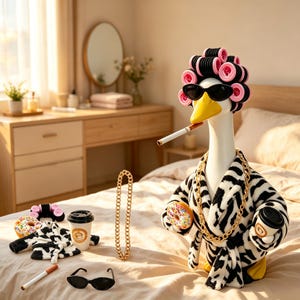 May include: A white goose figurine wearing black and white cow-print bathrobe, pink hair rollers, black sunglasses, and a gold chain necklace. The goose holds a donut and a coffee cup, with a cigarette in its beak. Accessories include a matching robe, rollers, donut, coffee cup, sunglasses, chain, and cigarette.