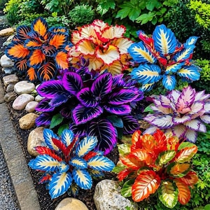 Op de afbeelding: Een verzameling van zes levendige gebedsplanten met opvallende bladpatronen in helder oranje, diep paars, wit en blauw, gerangschikt in een tuin met gladde rivierstenen die de rand van het plantgebied markeren.