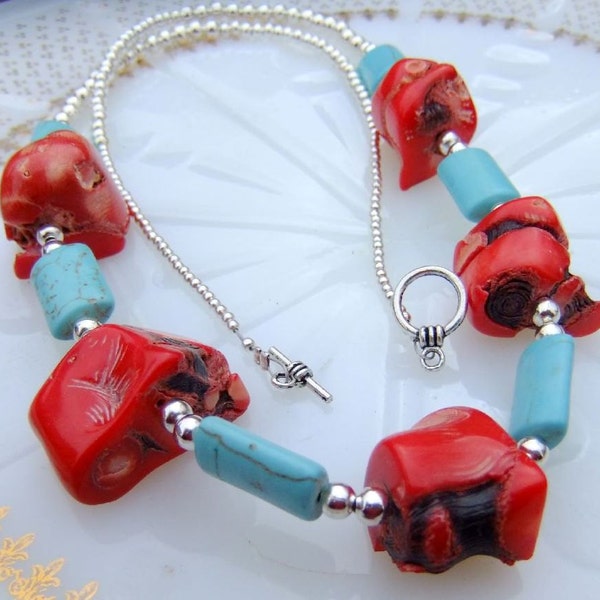 Turquoise Magnesite and Red Coral Chunky Nugget Necklace