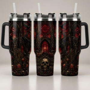 Peut inclure: Un gobelet en acier inoxydable avec une poignée et une paille transparente, orné d'un motif gothique sombre représentant un crâne, des roses rouges, des bougies et l'intérieur d'une cathédrale avec des vitraux, des gargouilles et des corbeaux.
