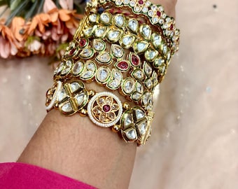 Kundan Polki Meenakari Kada-armbanden, Indiase bruids goudkleurige huwelijkssieraden
