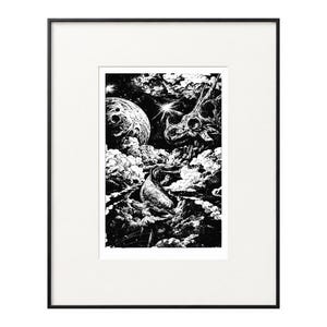 May include: A framed black and white art print featuring a detailed ink illustration of a whale swimming through clouds toward a large moon and a skeletal dinosaur head. The artwork is encased in a thin black frame with a white mat border.